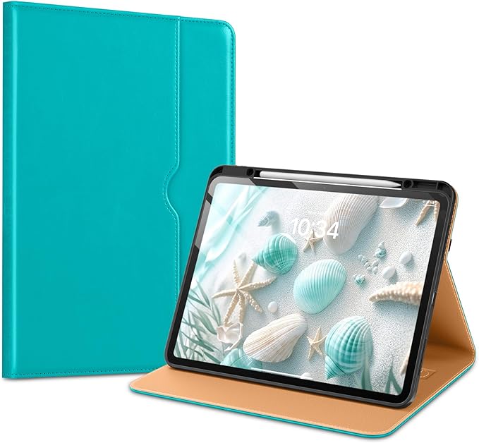 VIKESI Case for iPad Pro 13 (M4) 2024, Leather Stand Cover with Apple Pencil Holder, Auto Wake/Sleep, Multiple Viewing Angles, Built in Hand Strap & Pocket, Cyan Blue