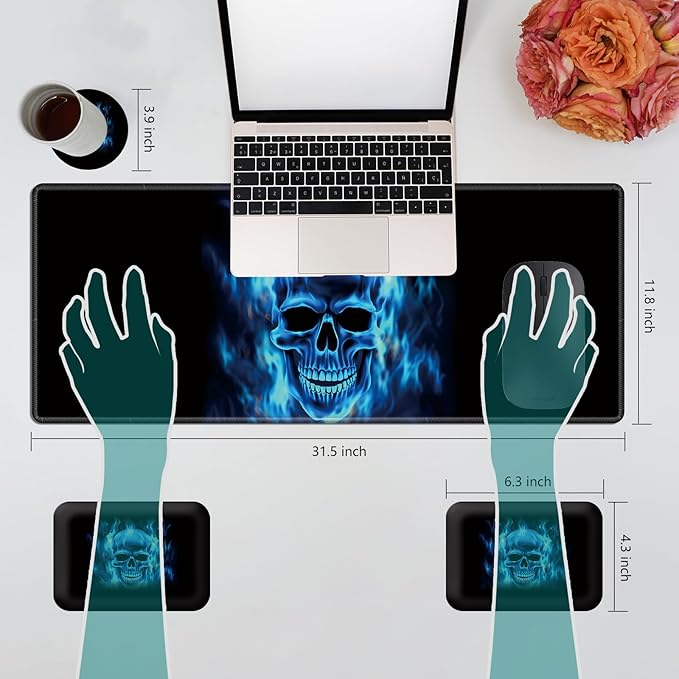 Wrist Elbow Support Arm Rest Desk Mouse Pad Set,Large Mouse Pad + 2 Elbow Rest Pad + Coaster,(31.5×11.8 in) Ergonomic Memory Foam for Office,Gaming,Computer,Laptop-Blue Flame Skull