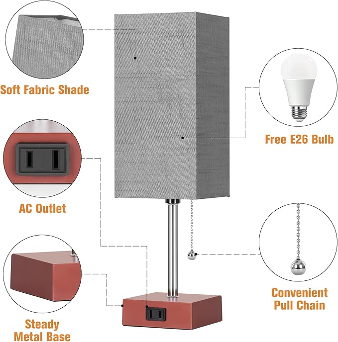PLMMY Bedside Table Lamp for Bedroom Nightstand, 3 Color Pull Chain Nightstand Lamps Set of 2 with AC Outlets, Square Gray Lampshade Bedside Lamp for Living Room, Office Desk, LED Bulb Included