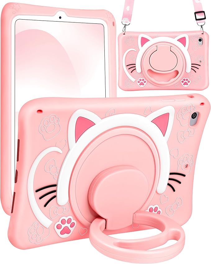 Wazzasoft for iPad mini 4/5 Case 7.9 Inch Girls Cute Cat Kawaii Cover Girly 3D Cartoon Women Kitten with Rotating Handle Stand & Strap Soft Silicone Funda for Apple iPad mini 5th/4th Gen Cases