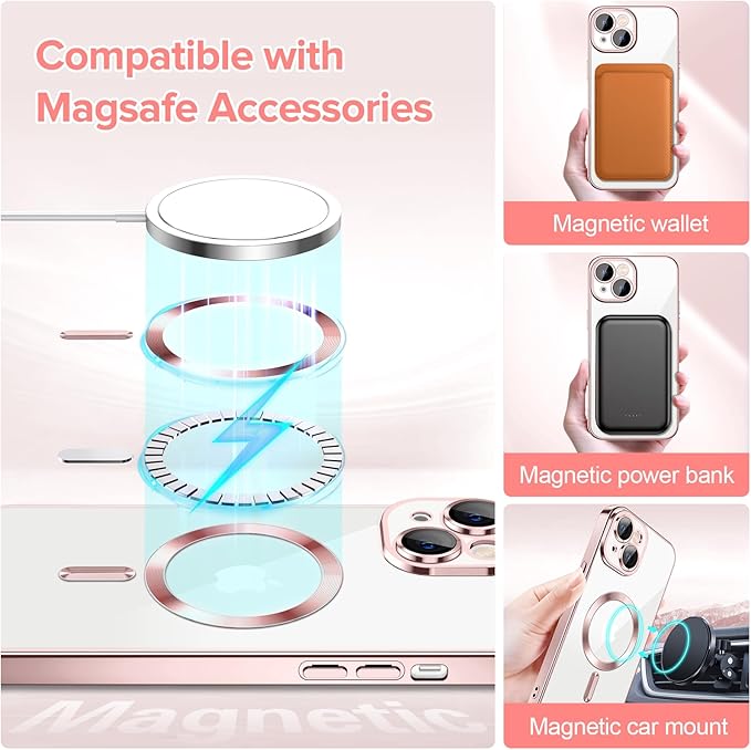 Hython Magnetic Clear for iPhone 14 Case with Camera Lens Protector [Compatible with MagSafe] Luxury Plating Edge Slim Soft TPU Cover Protective Phone Case for iPhone 14 6.1", Pink