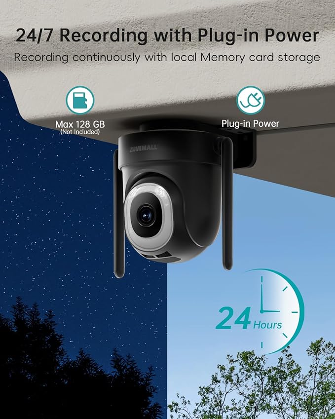 ZUMIMALL 2.5K Wired cameras for home security, 2.4G/5G WiFi Outdoor Security Camera, 5MP, 24/7 Recording, AI Motion Detection, Cloud & SD Card Storage, 2-Way Audio, 360° PTZ Auto Tracking, IP66, Black