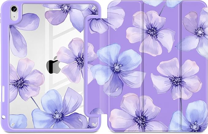 Case for iPad Air 11 inch M4 2026 M3 2025 M2 2024,iPad Air 5th (2022) / 4th (2020) 10.9 Inch Clear Back Shell Shockproof TPU Edge Trifold Stand Auto Wake Sleep Cute Cover, Blue Floral