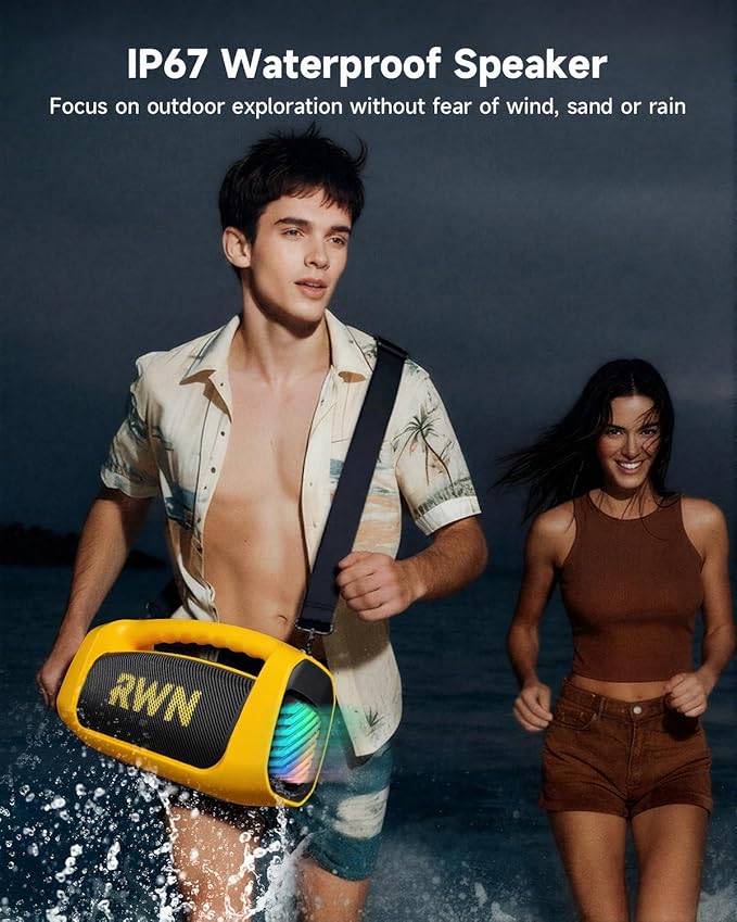 RWN Outdoor Bluetooth Speaker: 160W Loud Sound, IP67 Waterproof with 24H Playtime, Fast Charge, Bass, TWS, Portable Wireless Speakers with Light Show for House, Party, Projector, Beach (Yellow+Black)