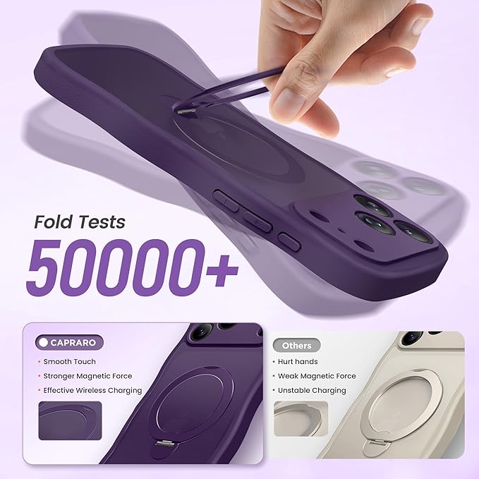 CAPRARO for iPhone 17 Pro Case with 360° Spin Magnetic Stand for Women, [Compatible with MagSafe] [Full Camera Protection] Cute Wave Translucent Matte Case for iPhone 17 Pro, Deep Purple