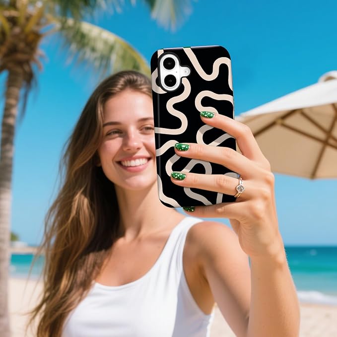 Magnetic for iPhone 17 Case Cute Curved Stripes Phone Case, Shockproof Slim TPU and Hard PC Protective Phone Cover Compatible with MagSafe Designed for Women Girls,Black