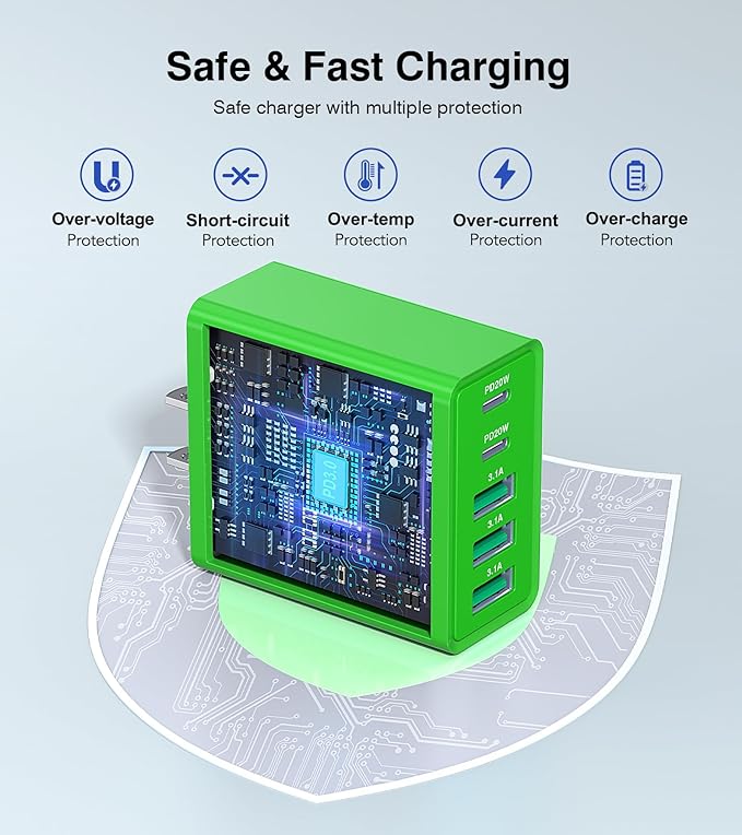 USB C Wall Charger, 50W USB C Charger Block 5-Port PD Fast Charging Blocks,USB A Multiport Plug Brick Cube,Dual Type C Power Adapter for iPhone 17/16/15/14/13/Pro,iPad,Samsung,for Switch（Green 2-Pack）