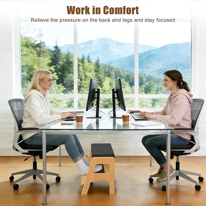 Adjustable Wooden Foot Rest, Double Step Footstool with 3 Height Levels, Cushioned Top & Non-Slip Base, Ergonomic Under Desk Leg Rest for Office Home