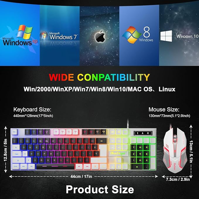 BlueFinger RGB Gaming Keyboard and Backlit Mouse Combo, USB Wired, LED Gaming Set for Laptop PC Computer Game and Work (White & Black)