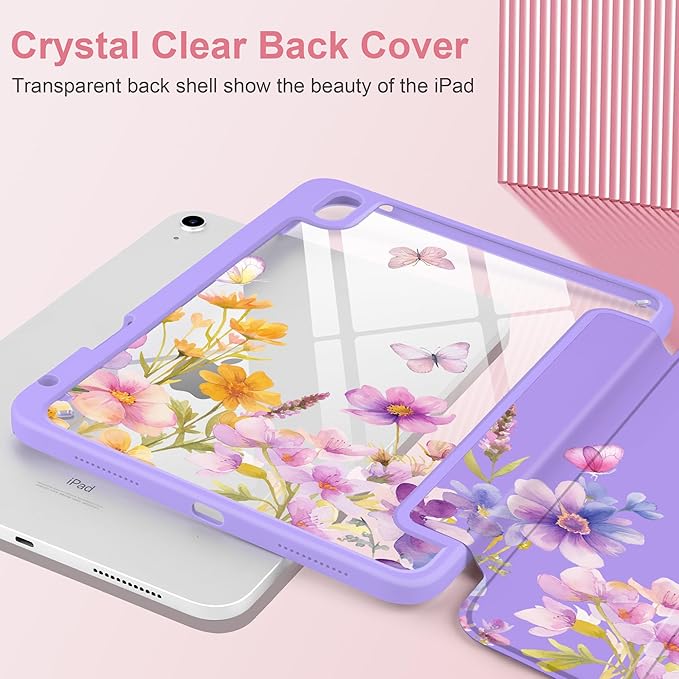 Case for iPad Air 11 inch M4 2026 M3 2025 M2 2024,iPad Air 5th (2022) / 4th (2020) 10.9 Inch Clear Back Shell Lightweight TPU Trifold Stand Auto Wake Sleep Cute Cover, Watercolor Flower