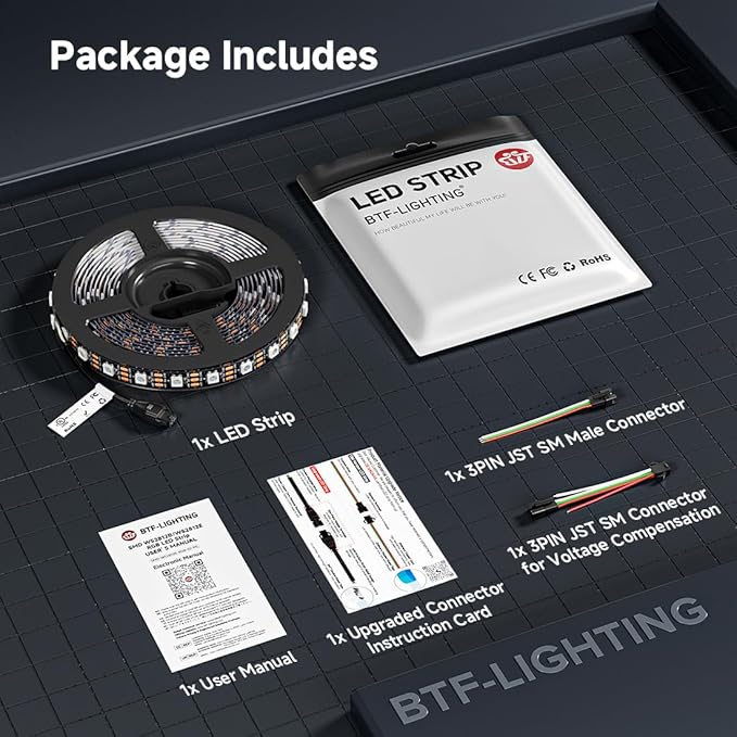 BTF-LIGHTING WS2812B IC RGB LED Strip,UL Listed,Pure Gold Wires,DC5V 16.4FT 300LED 5050SMD,Individually Addressable,Flexible for DIY Chasing Full Color Project,IP67(No Adapter or Controller)
