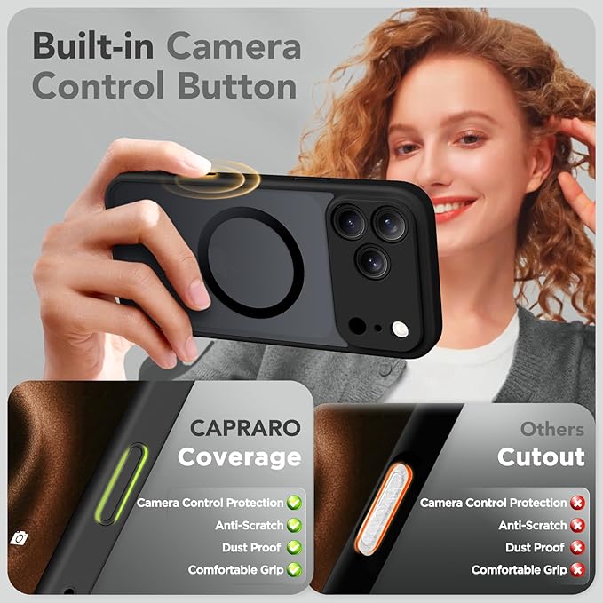 CAPRARO Magnetic for iPhone 17 Pro Case, Upgraded [Full Camera Protection] [Compatible with MagSafe] Protective Translucent Matte Women Girl Phone Case Cover, Black