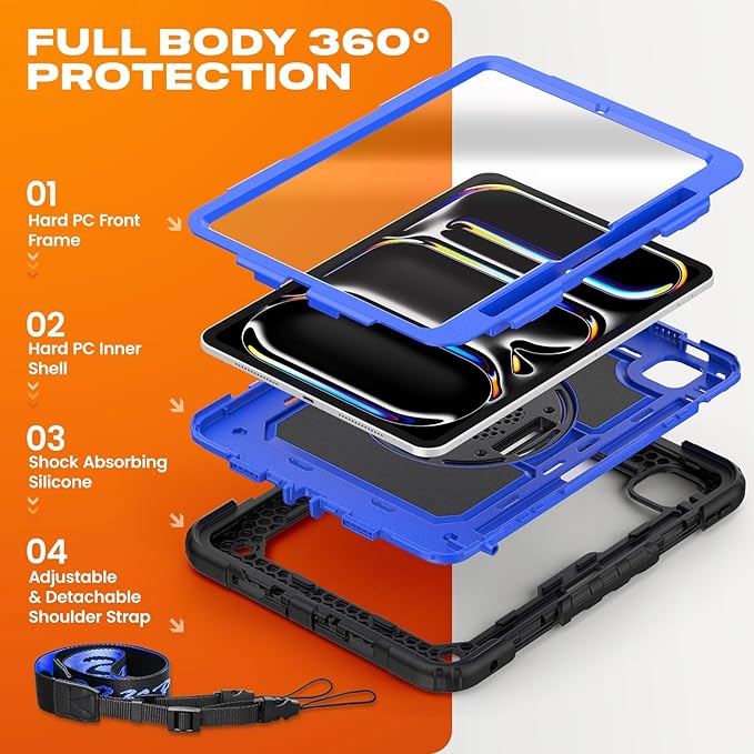 SEYMAC stock Case for iPad Pro 11-inch M5-M4 2025-2024, Shockproof Heavy Duty Case with Screen Protector, Pencil Holder, Rotating Stand, Hand Strap, Shoulder Strap, Blue
