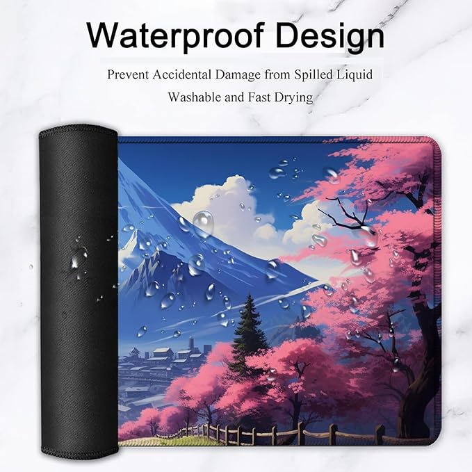 Large Mouse Pad, 31.5 x 11.8in Extended Gaming Mouse Pad with Stitched Edges, XXL Mousepad Protector Non Slip Rubber Base for Office and Home Writing Mat, Mt Fuji and Cherry Blossom Pattern Desk Mat