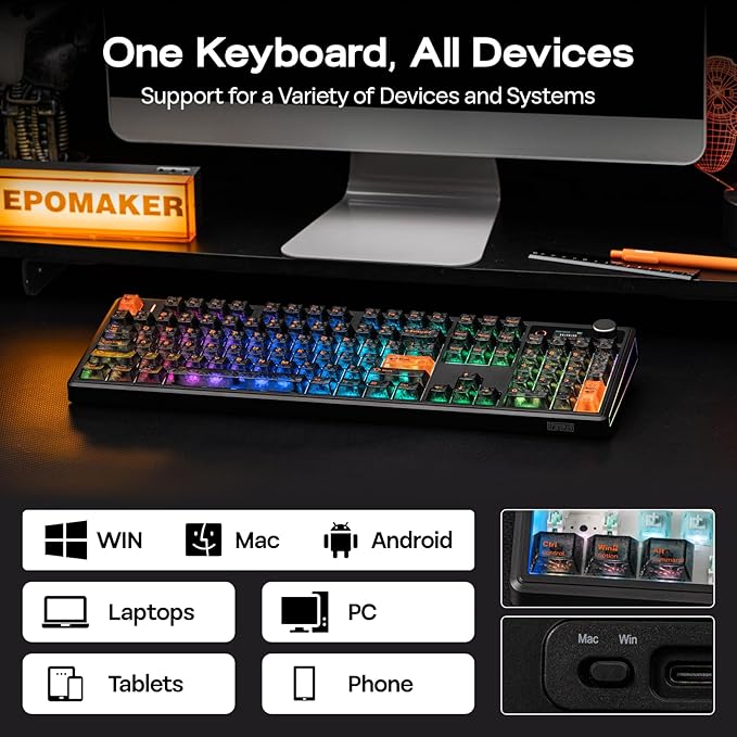 EPOMAKER TH108 V2 PRO Full Size Mechanical Keyboard with Screen&Knob, 10000mAh, BT/2.4Ghz, Mac Modifier PBT Keycap, Hot Swap, RGB, Gasket, Wireless Gaming Keyboard for Mac/PC (Black, Creamy Jade)