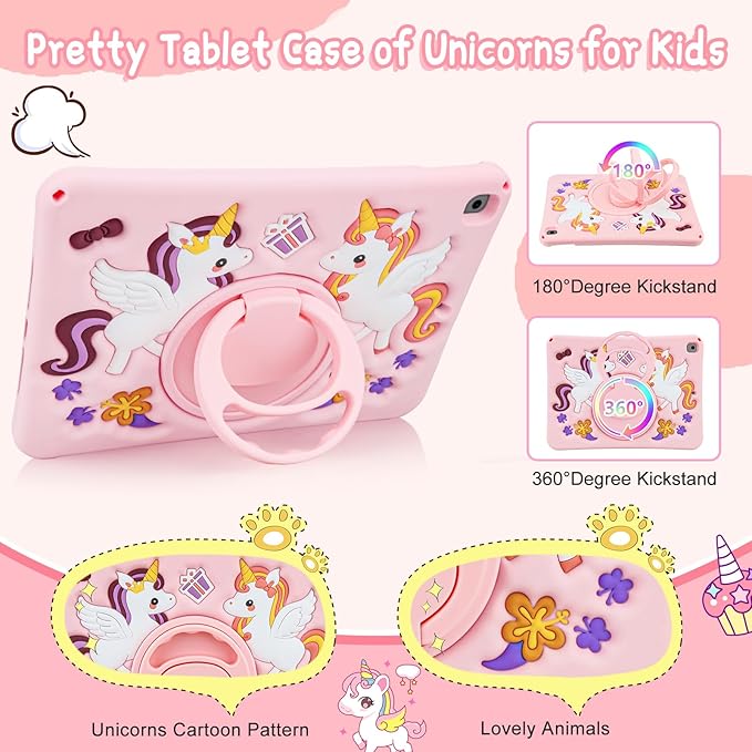 HianDier for iPad 9th Generation Case/iPad 8th Generation Case/iPad 7th Generation Case Cute Unicorn Silicone Tablet Cover with Detachable Strap and Rotatable Stand Shockproof Cover-Pink