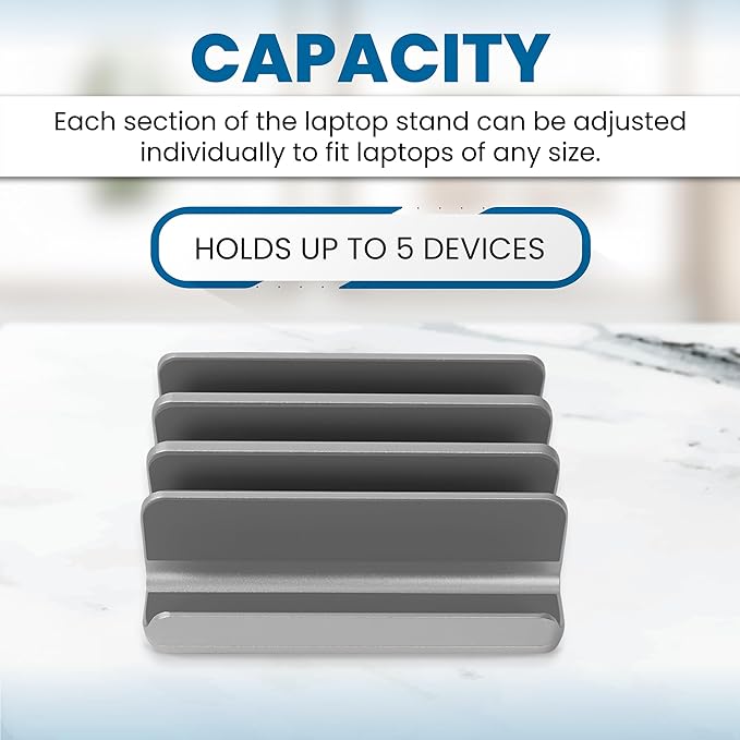 Multiple Laptop Holder Vertical – Adjustable Laptop Vertical Stand Holds 5 Devices, Fits All MacBooks Laptops Tablets and Mobiles (up to 17.3”). Closed Upright Vertical Laptop Stand for Desk