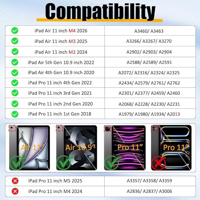 TSQQST Case for iPad Air 11 Inch M4 2026/M3 2025/M2 2024, Cover for iPad Air 5th 4th Generation 10.9"/Pro 11 4th/3rd/2nd/1st Heavy Duty Shockproof Case with Screen Protector+Stand+Hand Strap, Black