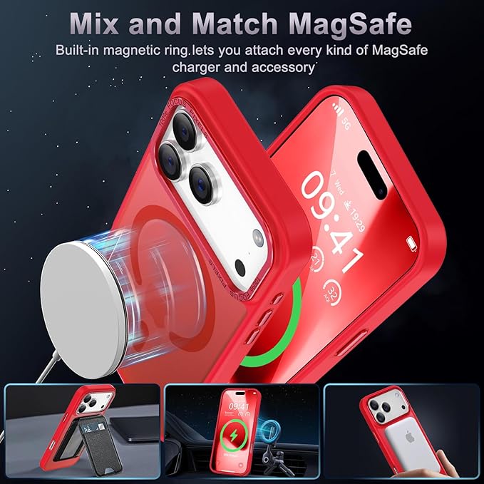 Newfuture Magnetic for iPhone 17 Pro Case [Compatible with Magsafe] [Military Grade Drop Protection] Translucent Matte Anti-Scratch Shockproof Protective Phone Case for iPhone 17 Pro 6.3 Inch, Red