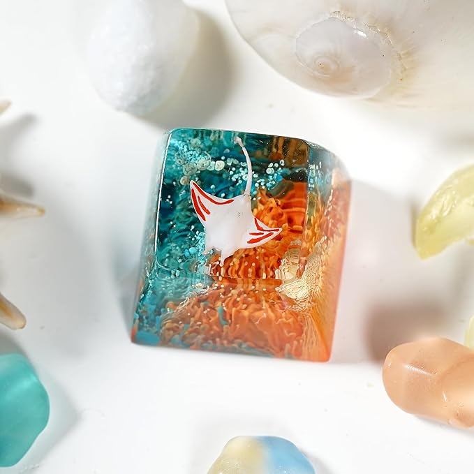 Manta Ray Artisan Keycap Green Orange Coral Reef R1 SA Profile Custom Sea Creatures Keycaps 1U ESC Handmade Gaming Resin Key Cap Cherry MX Switch Compatible Mechanical Keyboard Manta Ray Lover Gift