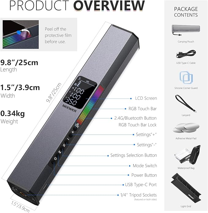 NEEWER RGB LED Video Light Stick, Touch Bar & APP Control, Magnetic Handheld Photography Lighting Wand, Dimmable 3200K~5600K CRI98+ Full Color LED Light with 6400mAh Battery, 17 Scenes, RGB1