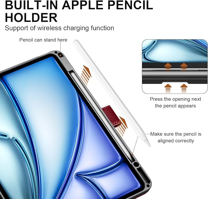 Genuine Leather Case for iPad Air 13 inch M4 2026/M3 2025/M2 2024, with Pencil Holder and Adjustable Stand, Magnetic Closure, Auto Wake/Sleep Cover | Wine Red