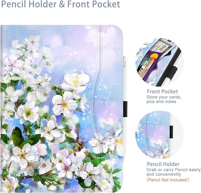 for iPad (A16) 11Th/10Th Generation Case 2025/2022, for iPad Case 11Th/10Th Generation, 10Th/11Th Gen iPadCase Cover Pencil Holder/Hand Strap/Pocket/Adjustable Stand, Blue Flower