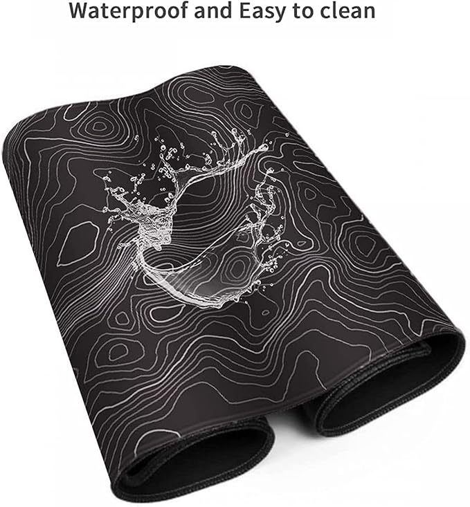 AQQA Topographic Gaming Mouse Pad XL - (31.5 x 11.8 in) Large Black and White Desk Mat, Extended Contour Line Mousepad with Non-Slip Rubber Base, Waterproof Stitched Edges for Office & Home