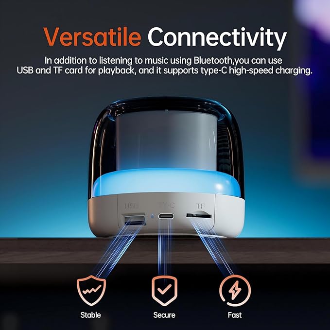 Portable Speaker Bluetooth with Loud Stereo Sound, Mini Wireless Speaker with 7 RGB Lights, TF-Card USB, TWS Pairing, 4H Playtime, IP7 Waterproof Speakers for Travel Party Home Outdoor Gift, White