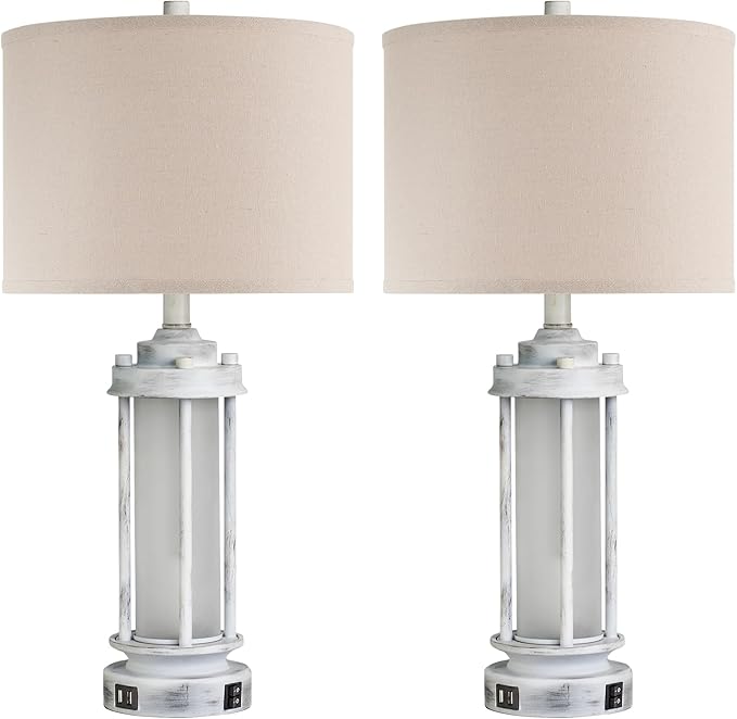 AIEAMPDO 25" Rustic Table Lamps Set of 2, Vintage Nightstand Lamps with 2 USB Ports, Farmhouse Antique White Desk Lamp with Glass Night Light for Living Room Bedroom Dorms, 4 Bulbs Included