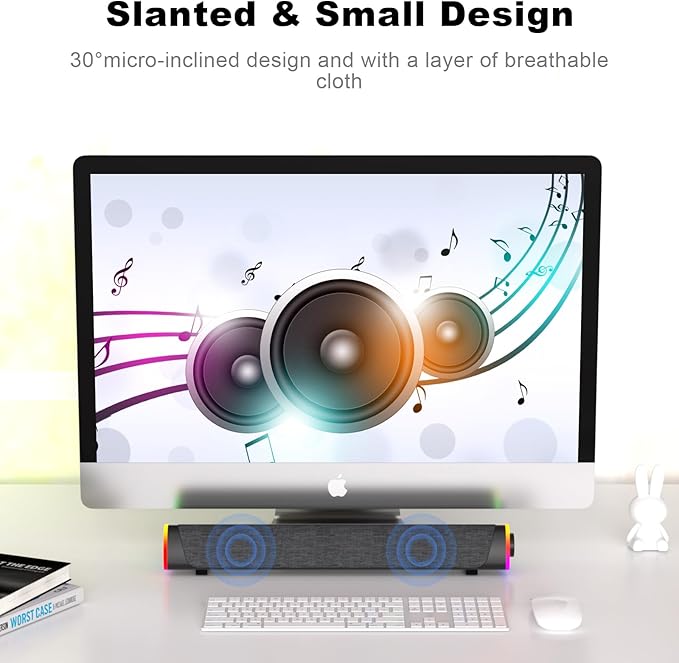 SOULION R30 Plus Bluetooth Computer Speakers, All-in-One Control Button with 6 Modes LED Lights PC Speaker, Wired USB Powered Surround Soundbar for Desktop Monitor Laptop Gray