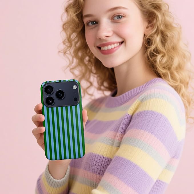 Magnetic for iPhone 17 Pro Max Case Cute Stripes Phone Case, Shockproof Slim TPU and Hard PC Protective Phone Cover Compatible with MagSafe Designed for Women Girls, Green and Blue