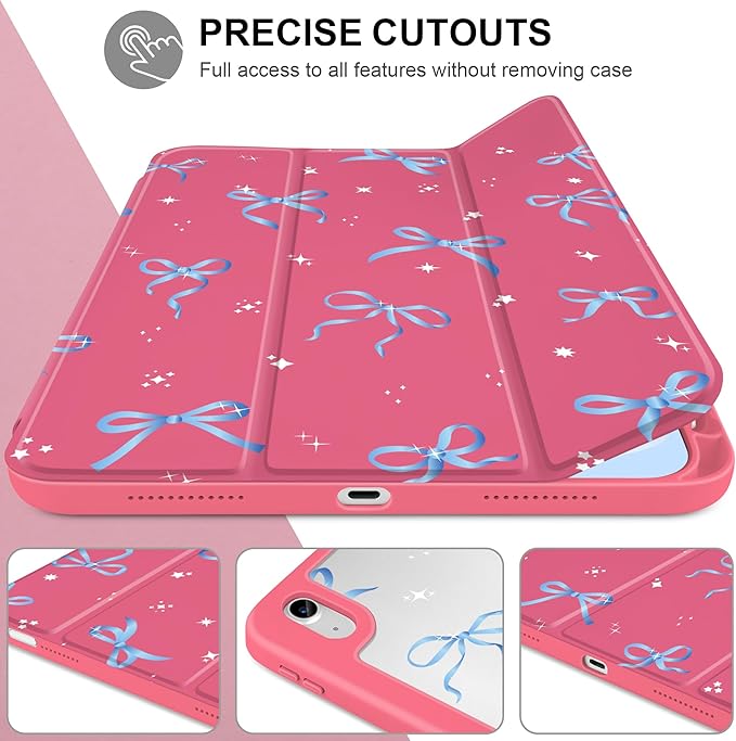 Case for iPad Air 13 inch 2026 M4 2025 M3 2024 M2 Release Slim Lightweight Shockproof Cute Hot Pink Cover with Clear Back TPU Edge Pencil Holder Trifold Stand Auto Wake Sleep, Ribbons