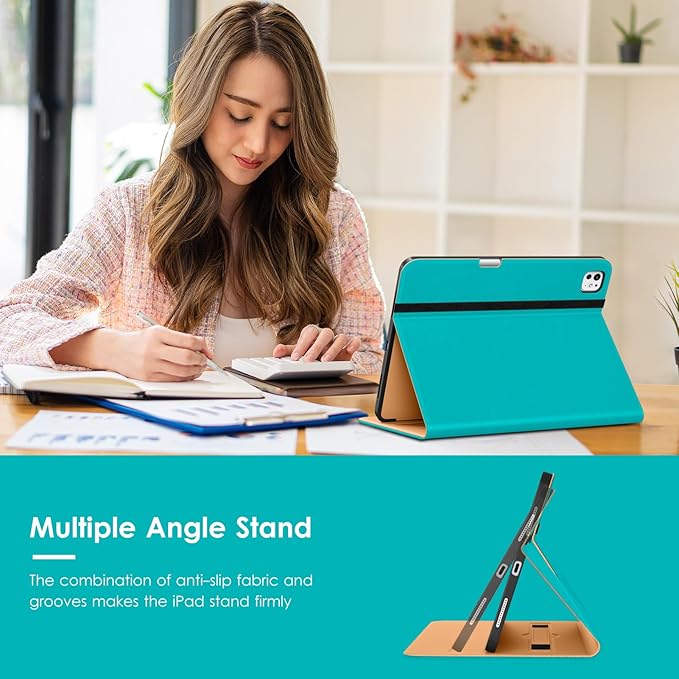 VIKESI Case for iPad Pro 13 (M4) 2024, Leather Stand Cover with Apple Pencil Holder, Auto Wake/Sleep, Multiple Viewing Angles, Built in Hand Strap & Pocket, Cyan Blue