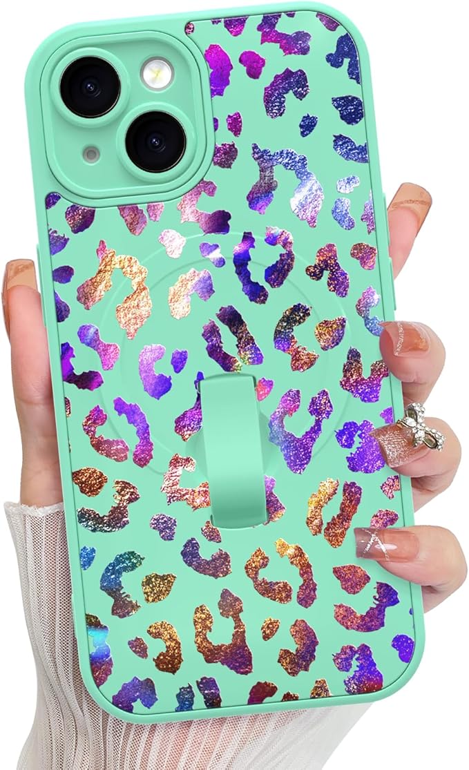 KANGHAR Compatible with iPhone 15 Case, Support for MagSafe, Silicone Cute Iridescent Leopard Cheetah Pattern, Wristband Kickstand Shockproof Protective Slim Cover for Women Girls, Green