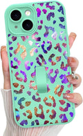 KANGHAR Compatible with iPhone 15 Case, Support for MagSafe, Silicone Cute Iridescent Leopard Cheetah Pattern, Wristband Kickstand Shockproof Protective Slim Cover for Women Girls, Green