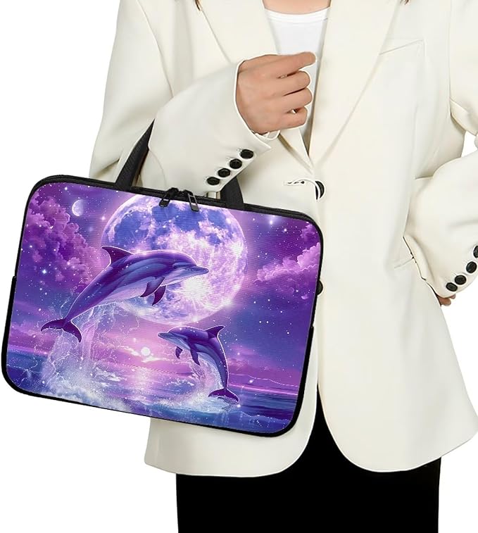 Purple Dolphin Full Moon Laptop Case 10 Inch, Waterproof Laptop Sleeve for Women Men, Portable Laptop Cover Computer Carrying Bag Cases with Handle, Fits Tablet/Notebook/Reader