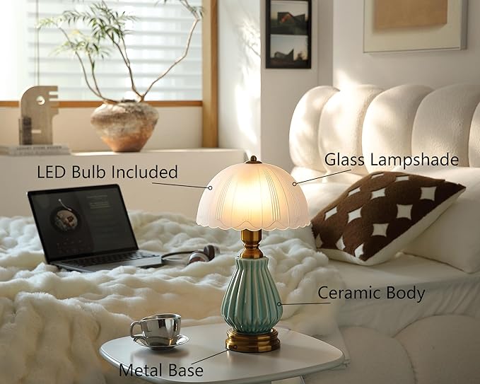 Glivpny Vintage Table Lamp for Living Room,16" Mid Century Modern Ceramic Lamps for Bedroom,Retro Bedside Nightstand Mushroom Glass Lamps, Classic Chinoiserie Green Lamp for Home Decor (LD004)
