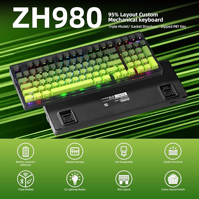 ZORNHER ZH980 Mechanical Keyboard Wireless,95% Green Creamy Keyboard with Number Pad,Gaming Keyboard with Number Pad,Lighted Up PBT Dipped Keycaps,Creamy Sounding Linear Switches