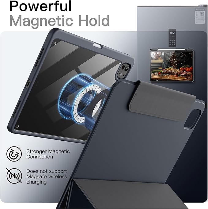 JETech Magnetic Detachable Case for iPad Pro 11-Inch M5/M4 (2025/2024) with Pencil Holder, Removable Rotating Clear Cover, Portrait/Landscape Stand with Raised Screen View (Grey)