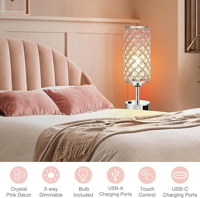 Hong-in Pink Crystal Lamp Set of 2, 3 Way Dimmable Touch Lamp for Bedroom with Crystal Shade, Bedside Nightstand Lamps for Living Room Bedroom Home Office