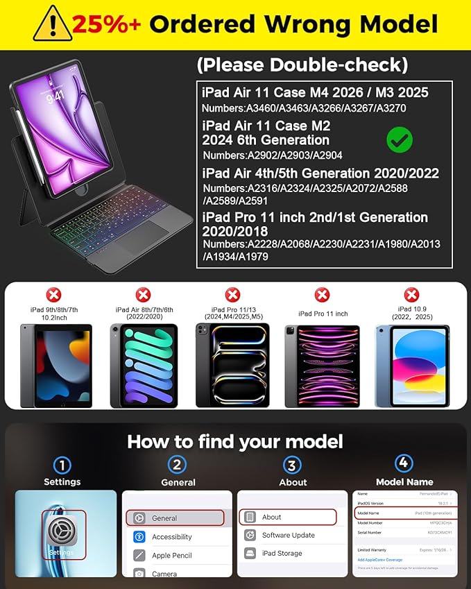 Clear Magnetic Keyboard Case for iPad Air 11" (M3/M2)& Pro 11" 4th 3rd 2nd 1st Gen, 7-Color Backlit, Multi-Touch Trackpad, Detachable 360 Rotation & Up-Down Lift Protective Case w/Stand, Black