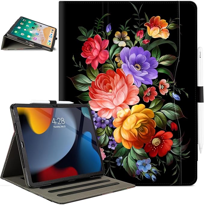 Lokigo Case for iPad Pro 13 Inch (M5/M4), iPad Air 13 Inch (M4/M3/M2), iPad Pro 12.9 Inch (6th/5th/4th/3rd) Gen, Typing Stand, with Pencil Holder/Card Pocket, Auto Wake/Sleep, Black Colord Flowers