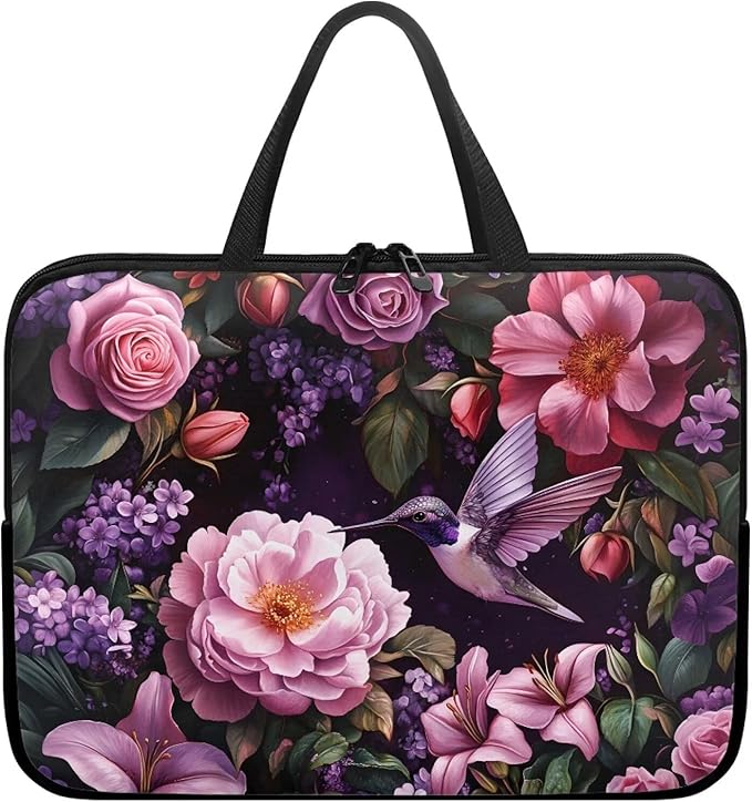 Hummingbird Bright Floral 15 Inch Computer Sleeve Tablet Portable Carrying Sleeve Case Bag Waterproof Laptop Tote Bag Notebook Messenger Briefcase Tablet Handbag for School/Office