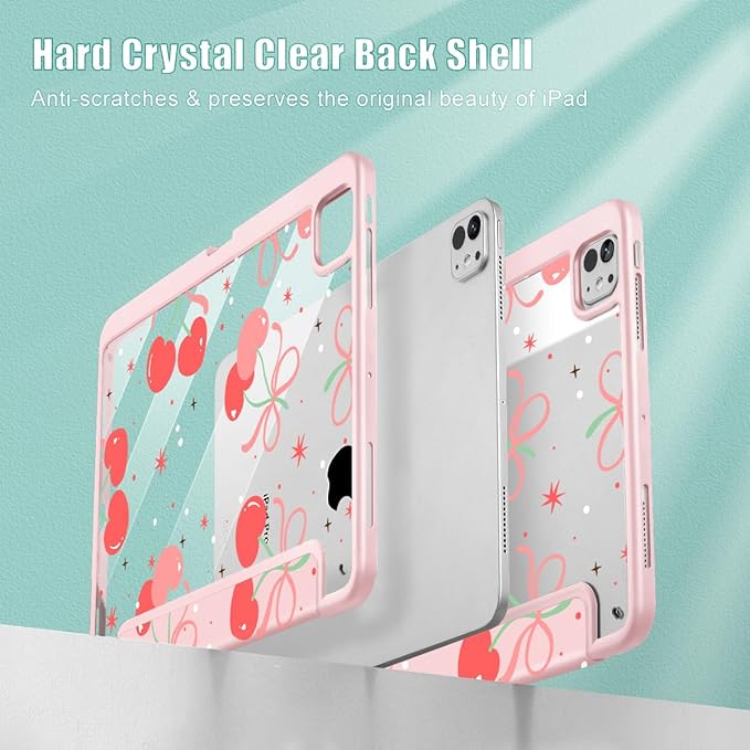 May Chen for iPad Pro 13 Inch Case M5 2025 / M4 2024, Built Pencil Holder & Clear Transparent Print Back Shell Slim Stand Shockproof Tablet Cover, Auto Wake/Sleep, Coquette Cherry
