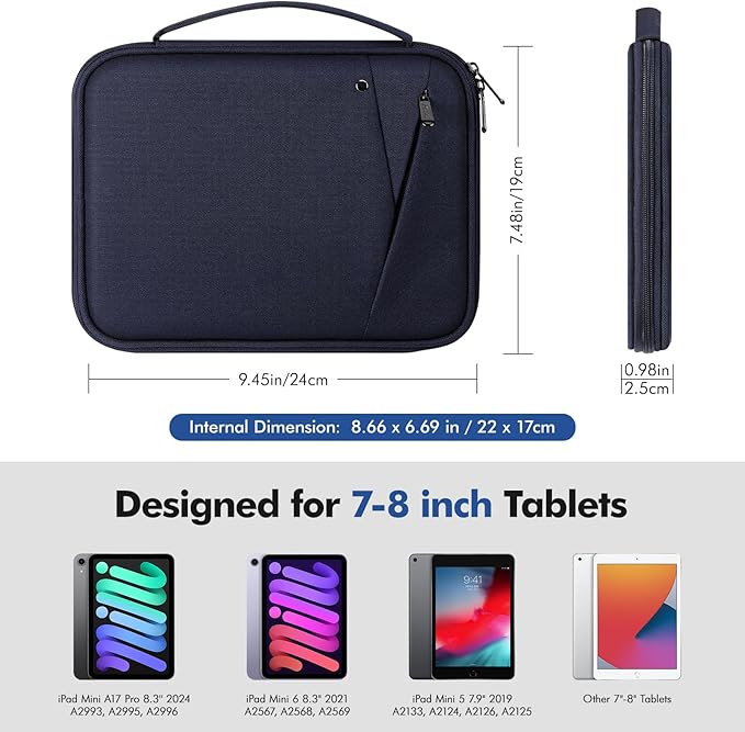 MoKo 7-8 Inch Tablet Sleeve Carrying Case with Handle, Padded Protective Travel Bag for iPad Mini A17 Pro/6th 8.3'', iPad Mini 5/4/3/2th 7.9", Indigo