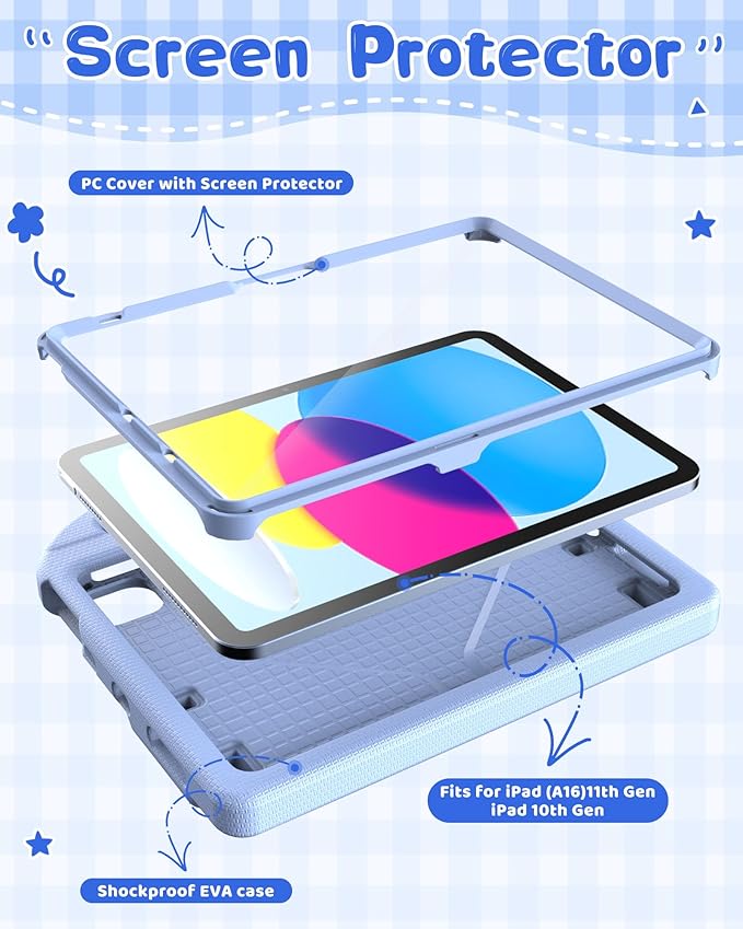 Kids Case for iPad A16 11th Gen 11-Inch 2025 & iPad 10th Generation (10.9" 2022), Durable Shockproof Fully-Body Cover with Screen Protector/Pencil Holder/Stand/Handle for Kids, Light Blue