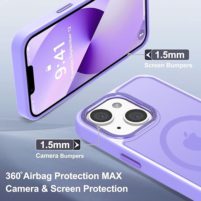 Newfuture Designed for iPhone 13 Case & iPhone 14 Case with Magnetic [13 FT Military Drop Protection] [Compatible with Magsafe] Translucent Shockproof with Anti-Fingerprint Phone Case, Lilac Purple