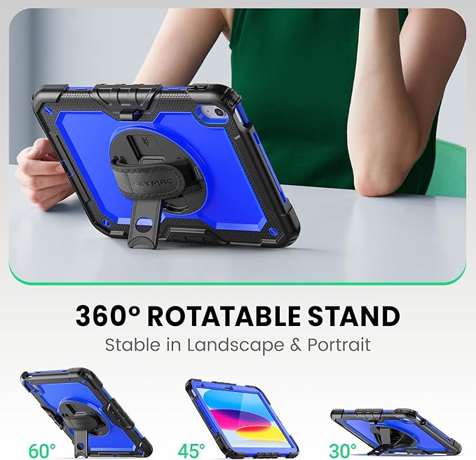 SEYMAC Case for iPad (A16) 11th/10th Generation 2025/2022 (11″/10.9″), Heavy Duty Full-Body Shockproof Protective Case with Screen Protector, Rotating Stand, Hand/Shoulder Strap, Black/Dark Blue