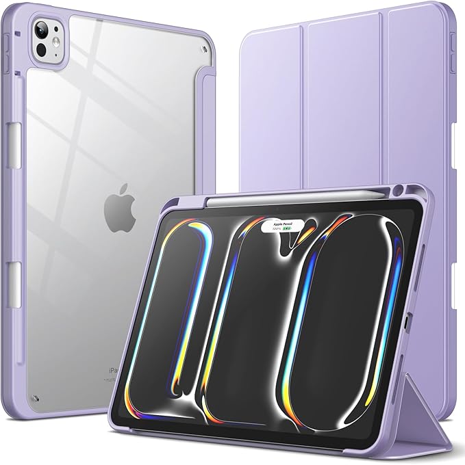 JETech Case for iPad Pro 11-Inch M5/M4 2025/2024 (6th/5th Generation) with Pencil Holder, Clear Transparent Back Shell Slim Stand Shockproof Tablet Cover, Auto Wake/Sleep (Purple)